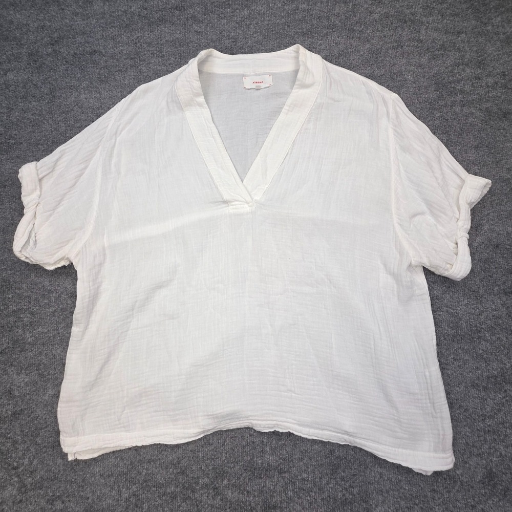 Xirena Avery Cotton Gauze Blouse V-Neck Top XL White Short Sleeve